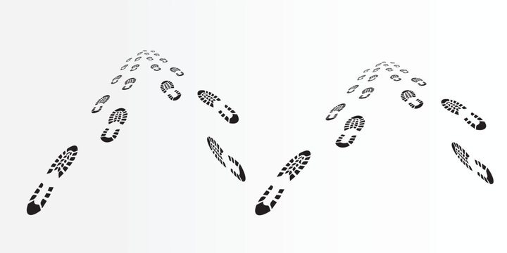 Black Boot Footprints Pattern Leading Away in V-Shaped Perspective Over White Background
