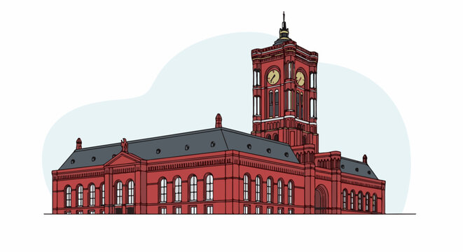 Red brick building with a tall clock tower and arched windows