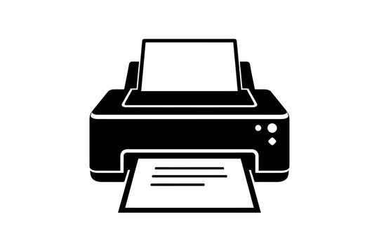 Black and white vector icon of a modern office printer, symbolizing document creation, efficient printing services, home and business technology, and digital to physical conversion. Ideal for web desi