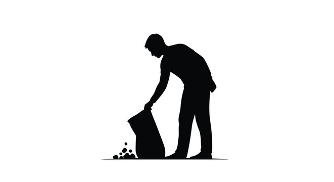 Man in black silhouette pouring objects from a bag on the ground outside