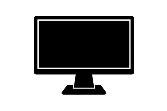 Minimalist black silhouette icon of a modern desktop computer monitor with a wide screen and a sturdy stand. This clean graphic symbolizes digital displays, computing devices, electronic visual output