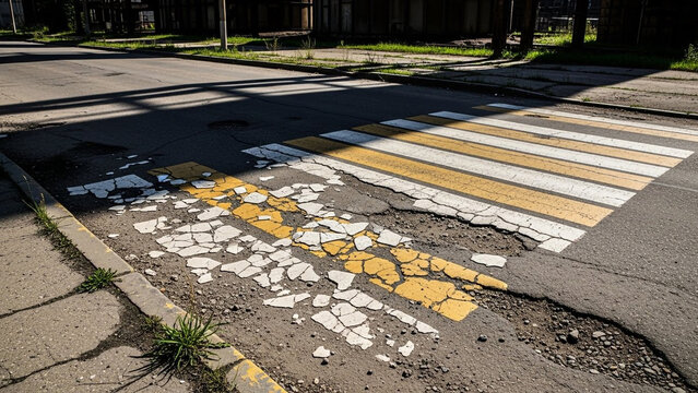 Severely Damaged Pedestrian Crossing with Cracked Asphalt and Peeling Paint on Urban Street