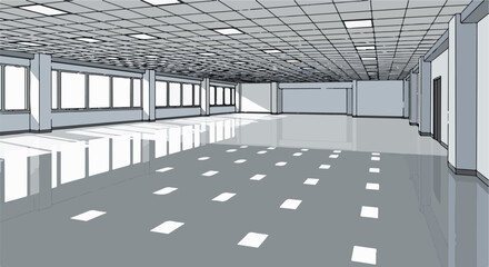 Fototapeta premium Expansive, brightly lit office space with large windows and reflective floor