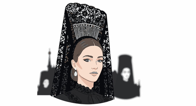 Elegant woman adorned with a traditional black mantilla and ornate comb