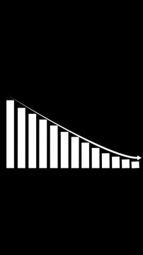 Minimal black background with white descending bar chart. Curved line ending in arrow showing downward trend. Analytics concept.