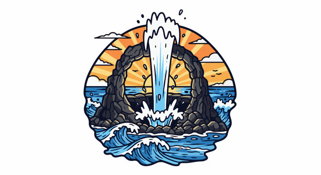 Dramatic ocean waterfall through rock arch at sunset