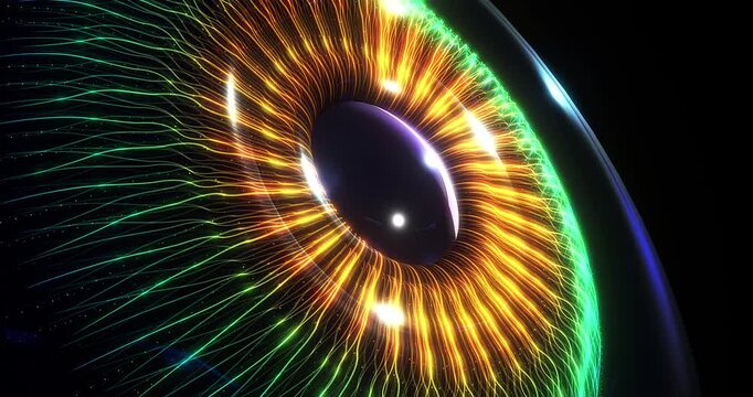 Abstract digital eye iris with glowing fiber optic lines. Abstract futuristic technology related 3d animation.