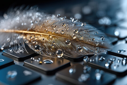 Water droplets on a golden feather resting on a black keyboard create a serene composition