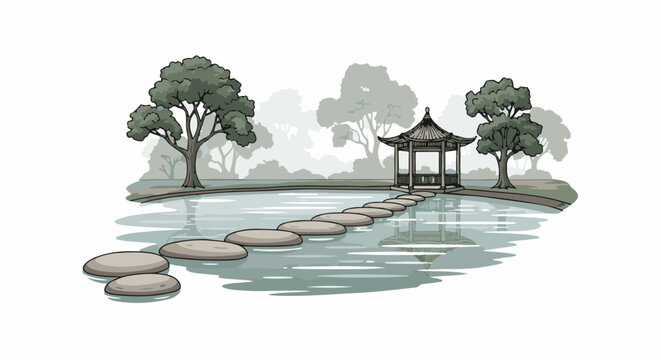 Serene garden with stone path crossing tranquil water to a pavilion