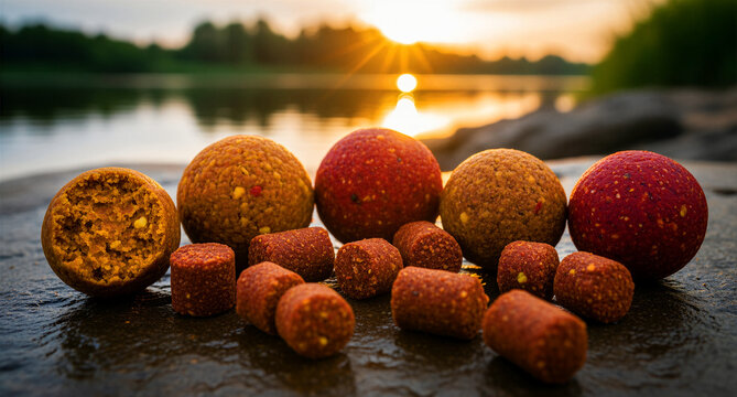 A close-up view of textured fishing bait, featuring vibrant red and earthy brown round boilies, alongside smaller cylindrical pellets, meticulously arranged on a damp dark surface, highlighting their