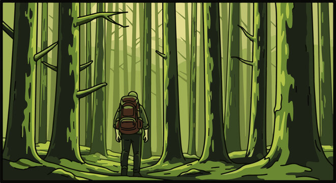 Pixel art of a solitary backpacker facing a dense, misty forest