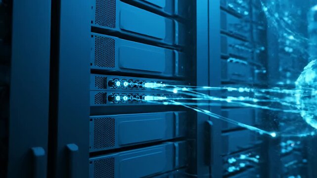 Data center infrastructure featuring glowing cloud computing network nodes, server racks, digital connectivity, storage hardware.
