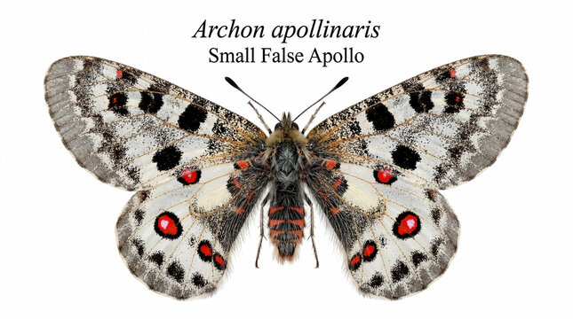A macro photograph showing the delicate patterns and orange spots of the Small False Apollo (Archon apollinaris) butterfly.