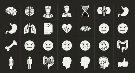Obraz premium Medical Icons Set: Brain, Heart, Lungs, Kidneys, Stomach, Bones, Eyes, Doctors, DNA