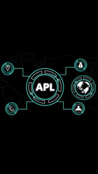 Futuristic interface with world map and connected icons. Globe, phone, location, money bag, person icons. Animated interface.