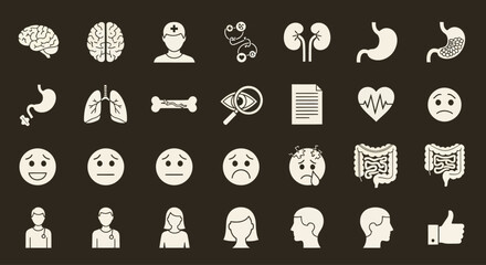 Fototapeta premium Medical Icons Set: Health, Anatomy, Emotions, and People Icons on Dark Background