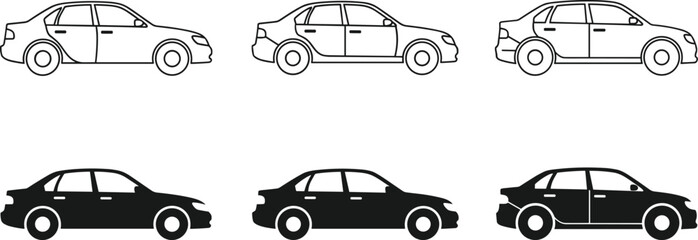 Obraz premium Sedan car vector icons set with side view black silhouettes and outline drawings isolated on white background for automotive design.