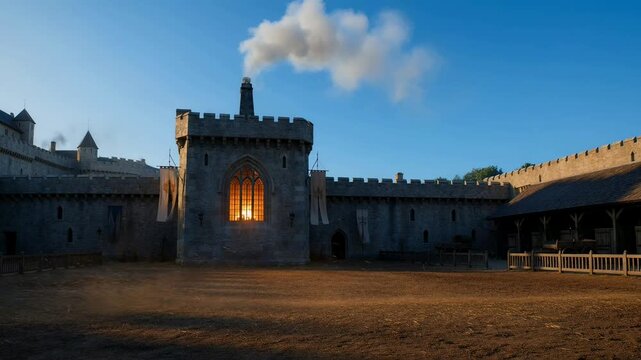 Medieval castle wall with sunlit window and smoke during golden hour historic building ancient architecture