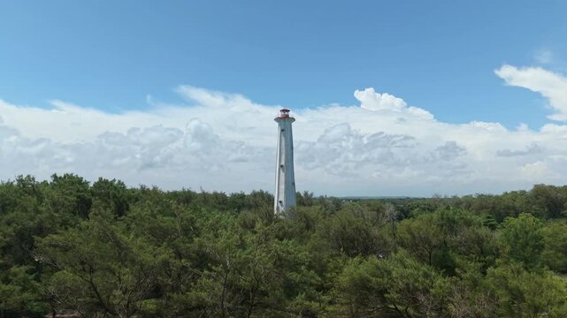 Aerial view of the tall white Mercusuar Samas lighthouse surrounded by lush green trees under a cloudy sky, Bantul Regency, Daerah Istimewa Yogyakarta, Indonesia.