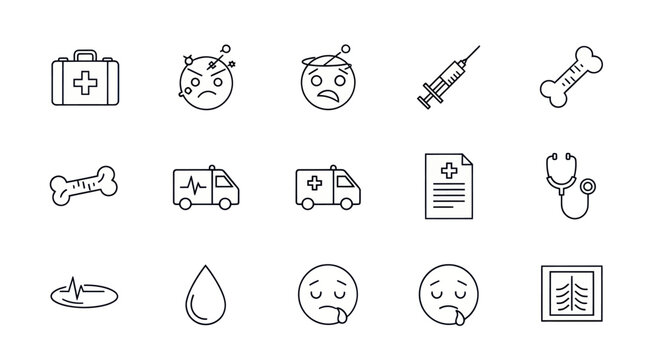 Medical Icons Set: First Aid, Ambulance, Syringe, Bone, Stethoscope, X-ray