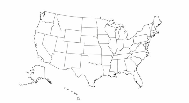 Outline map of the United States of America showing the borders of all states and the District of Columbia