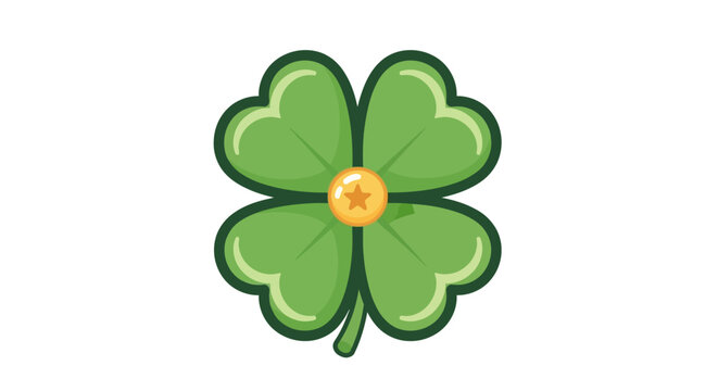 Lucky four-leaf clover with a golden star in the center, symbolizing good fortune and luck, isolated on a white background