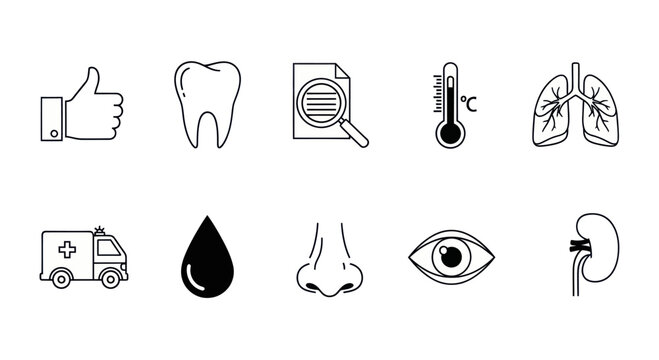 Medical Icons Set: Health, Diagnosis, Body Organs, and Care Symbols