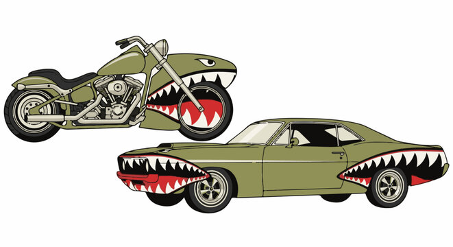 Olive green vintage car and motorcycle with shark mouth decals