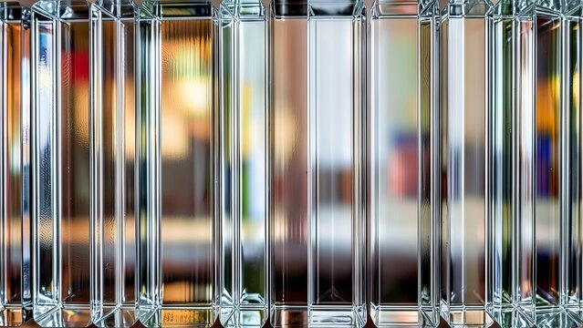 A close-up view of transparent glass parallelepipeds arranged in a row, creating a modern abstract background with soft reflections and refractions.