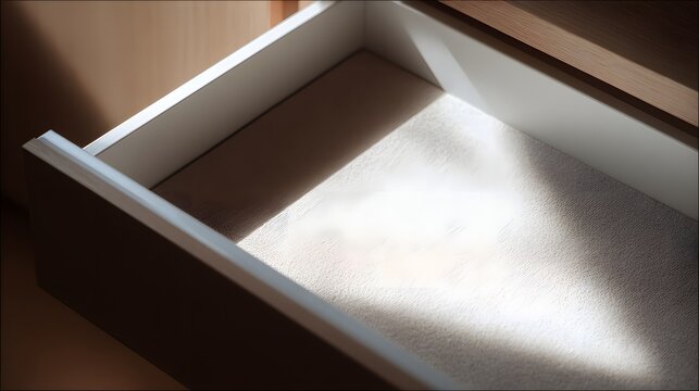 Close-up opened empty drawer with soft sunlight and shadows.