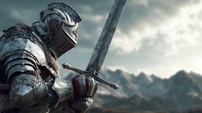 Knight in armor draws sword on battlefield, prepared for combat.