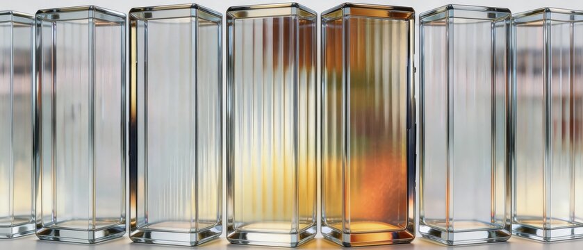A row of transparent glass parallelepipeds with vertical ridges, showcasing light refraction and subtle color gradients, set against a clean background.