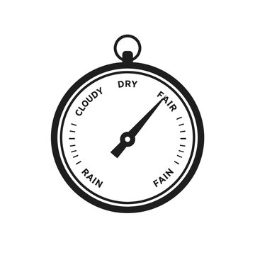 Classic B&W vector icon of an analog barometer, displaying a circular dial with a needle pointing to 'FAIR' weather. Gauge marks 'DRY', 'CLOUDY', 'RAIN', 'FAIN' for atmospheric pressure. Ideal for wea