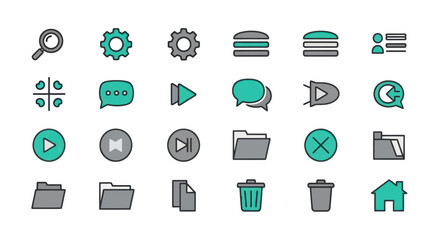 Fototapeta premium Modern UI Icons Set: Search, Settings, Burger Menu, User, Chat, Media Controls, Folders, Trash