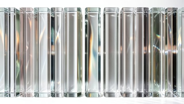 A modern abstract composition of transparent glass parallelepipeds arranged in a row, reflecting light with a clean and minimalist aesthetic.