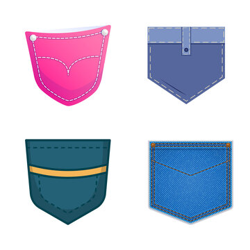 Collection of four different stylized denim and fabric pockets, showcasing diverse designs and stitching details