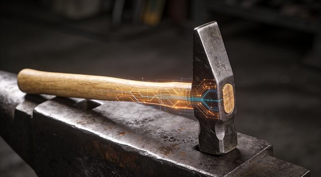 Conceptual macro visualization of smart industrial cross-peen hammer with glowing data weave on anvil, symbolizing Industry 4.0 and digital transformation.