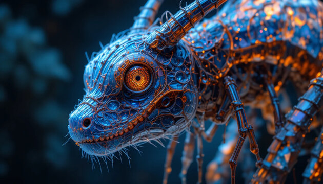 Futuristic Robotic Lizard with Glowing Orange Eye in Dark Environment