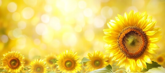 Obraz premium Bright sunflowers blooming in a sunny field, highlighting seeds against a clear blue sky backdrop.