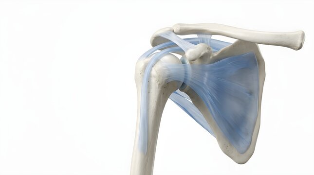 Precision 3D rendering revealing the intricate anatomy of the human shoulder joint, highlighting bones, tendons, and ligaments crucial for mobility and structural integrity