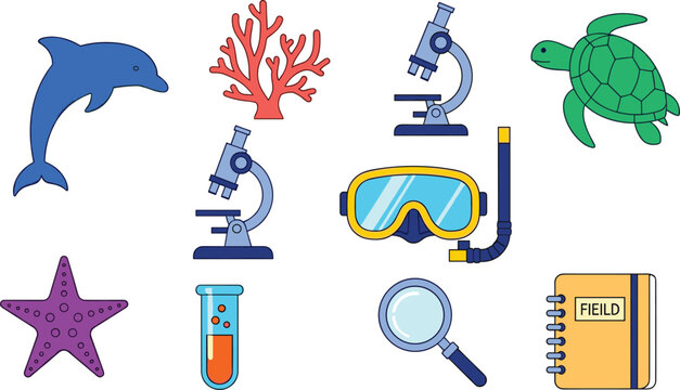 Marine Biology Icons Set Featuring Dolphin, Coral, Turtle, Microscope, Laboratory Equipment, and Diving Gear for Ocean Science and Research Concepts