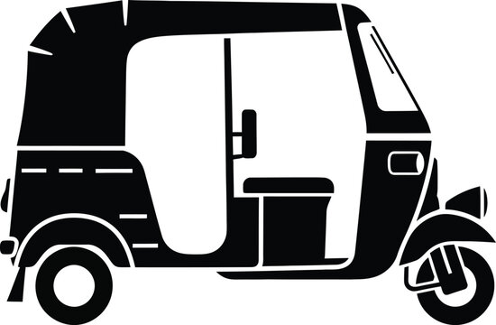 Black silhouette of a three-wheeled auto rickshaw on a white background three wheeler vehicle 1 transportation