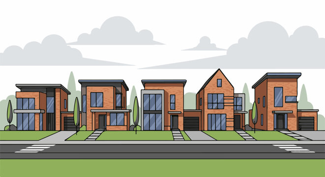 Row of modern brick houses with large windows and garages