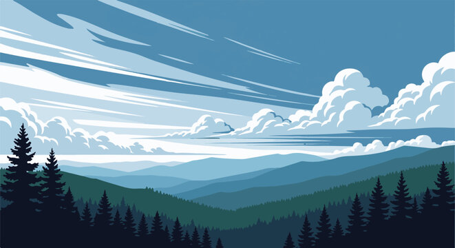 Serene mountain range with layered blue peaks under a dramatic sky with clouds