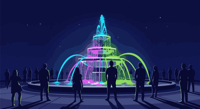 Crowd observes a multi-tiered fountain illuminated with neon pink and green lights
