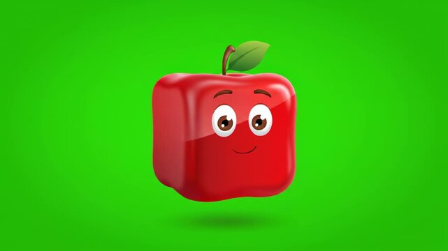 Animated red cube apple character with smiling face on green screen loopable background