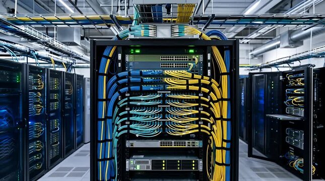 Data center server rack featuring organized network cabling infrastructure, connectivity, hardware, engineering.