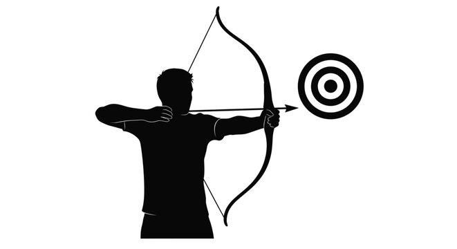 Man aiming a bow and arrow at a target with precision and focus in a vector illustration