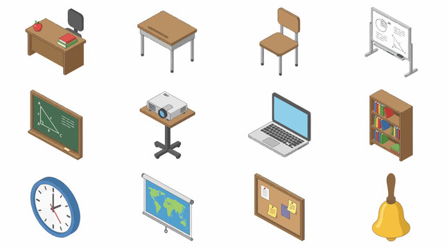 Isometric 3D icon set of classroom objects and furniture in a school setting