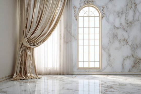 Opulent room with arched window, marble walls, and draped curtains.